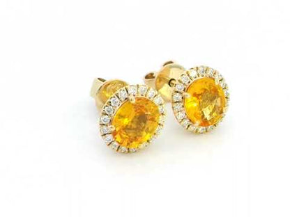 18K Gold Oval Yellow Sapphire Stud Earrings with Diamond Halo