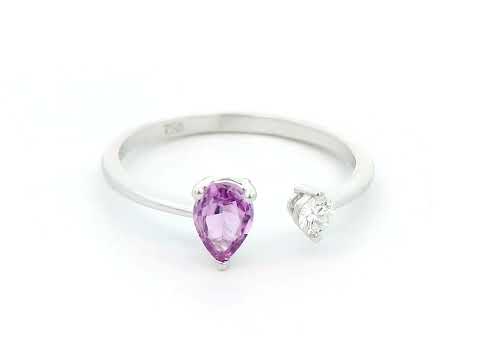 18K White Gold Open Ring with 0.48 Ct Pear-Shaped Pink Sapphire and 0.09 Ct Round Brilliant Diamond