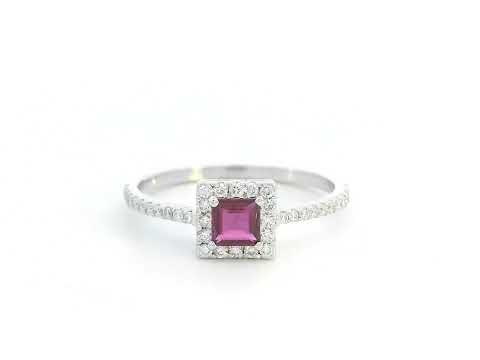 18K white gold ruby halo ring with diamonds – 0.30ct square-cut ruby, 0.24ct diamond pavé band, elegant fine jewelry
