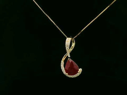 18k Yellow Gold Ruby Pendant Necklace with 2.25ct Pear-Shaped Ruby and 0.21ct Diamond Accents, Elegant Fine Jewelry