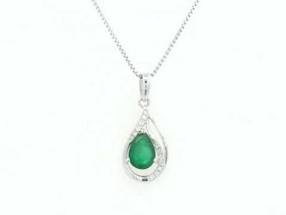 Emerald & Diamond Teardrop Pendant in 18K White Gold