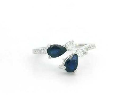 18K White Gold Toi et Moi Sapphire & Diamond Bypass Ring. Pear-Cut Blue Sapphires & Diamonds.
