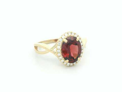 18k Yellow Gold, Oval Shape Garnet & Diamond Halo Ring –
