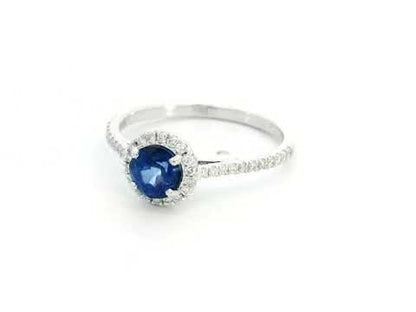 Round Cut Sapphire and Diamond Halo Ring in 18K White Gold | 0.94 Carat Sapphire & 0.24 Carats Diamonds