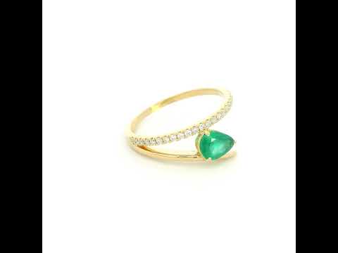 18K Yellow Gold Emerald Ring with Pear Shaped Natural Emerald and Diamond Bypass Band