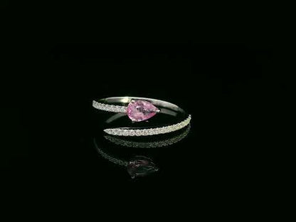 18K white gold open bypass ring with 0.39ct pear pink sapphire and 0.16ct pavé diamonds