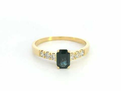 18K yellow gold emerald-cut blue sapphire and diamond ring – 0.46ct sapphire, 0.23ct diamonds by Emirates Diamonds