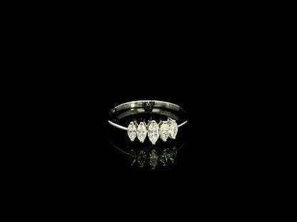 18K white gold five stone marquise diamond ring with five marquise cut diamonds set across the finger