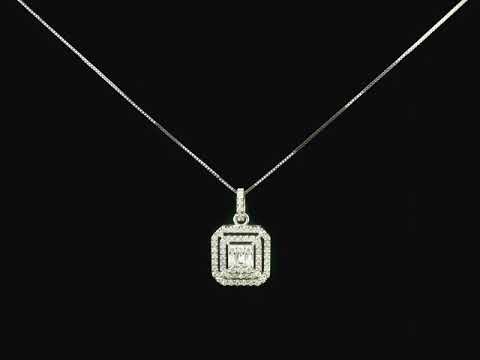 18K gold diamond pendant featuring baguette and round-cut diamonds, totaling 0.50ct, with a radiant double halo design.