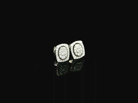 18K white gold diamond halo stud earrings featuring round brilliant diamonds with cushion halo design and 0.64 carat total diamond weight
