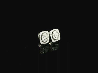 18K white gold diamond halo stud earrings featuring round brilliant diamonds with cushion halo design and 0.64 carat total diamond weight