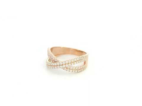 18K rose gold criss cross diamond ring with pavé set round brilliant diamonds totaling 0.79 carat in a contemporary crossover design.