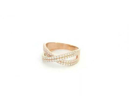 18K rose gold criss cross diamond ring with pavé set round brilliant diamonds totaling 0.79 carat in a contemporary crossover design.