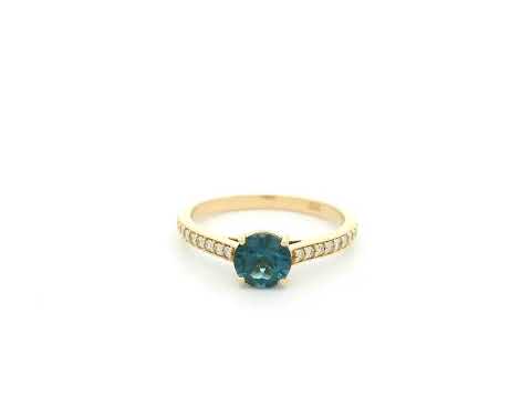 London Blue Topaz and diamond ring in 18K yellow gold with 0.95 carat round London Blue Topaz