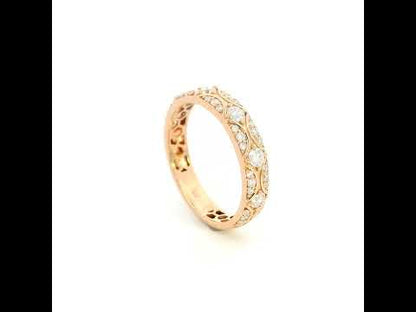 Vintage-style diamond eternity band in 18K rose gold with round diamonds and intricate curved detailing