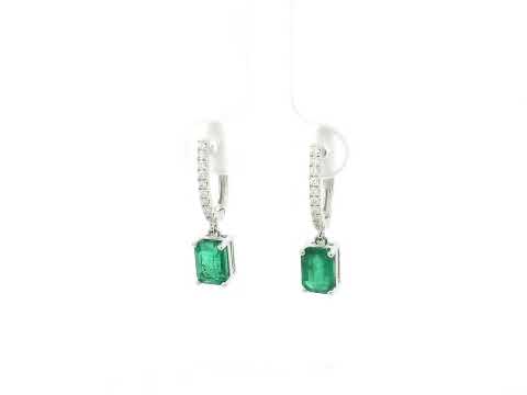 Emerald cut emerald drop earrings with diamond hoops in 18K white gold