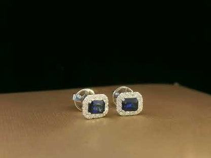 Minimalist Blue Sapphire & Diamond Stud Earrings in 18K White Gold