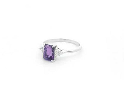 18K white gold amethyst ring with 1.60 carat emerald cut amethyst and 0.13 carat diamond accents