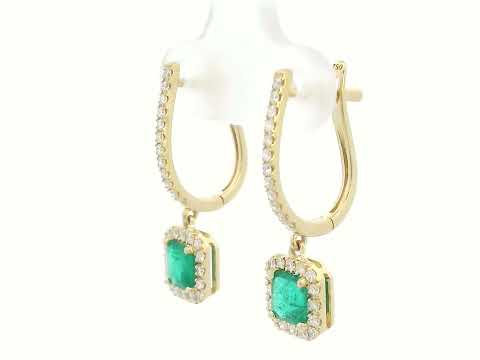 18K yellow gold hoop earrings with green emerald center stones