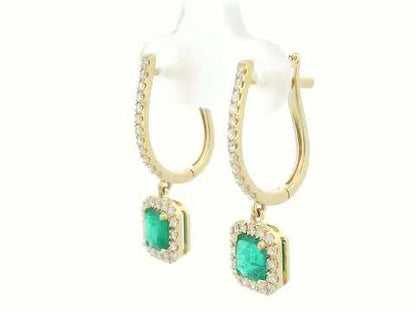 18K yellow gold hoop earrings with green emerald center stones