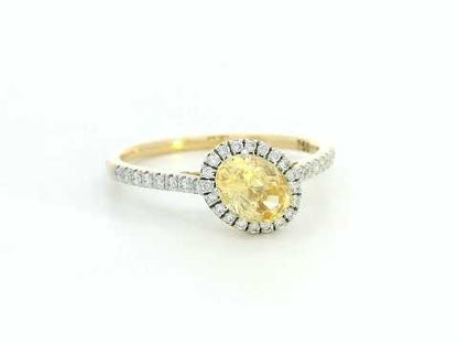 18K Gold Yellow Oval-shape Sapphire Ring with Diamond Halo.