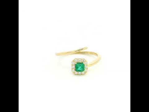 18K Yellow Gold Emerald Open Wrap Ring with Diamond Halo