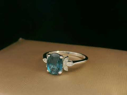 18k White Gold Oval Shape London Blue Topaz & Diamond Floral Ring