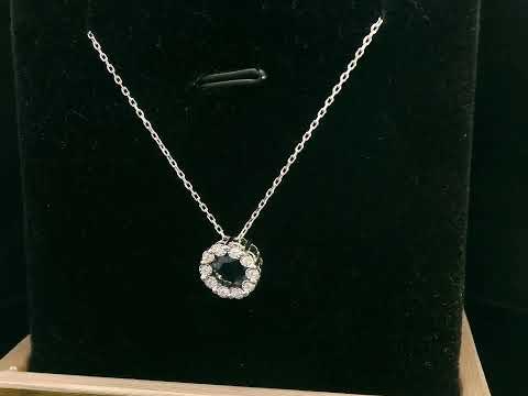 18K White Gold Sapphire and Diamond Halo Pendant Necklace with 0.96 CT Sapphire and 0.05 CTW Diamonds