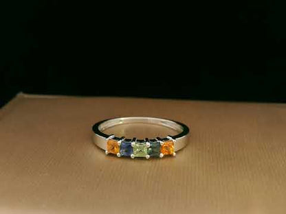 18K White Gold Multi-Colored Sapphire Ring – Princess-Cut Gemstone Design