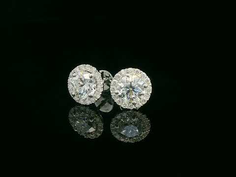 18K gold diamond halo stud earrings featuring two 1.00-carat round-cut center diamonds with a 0.33-carat halo – elegant and timeless bridal jewelry.