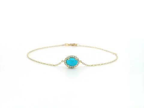 Turquoise diamond halo bracelet in 18K yellow gold with delicate chain by Emirates Diamonds
