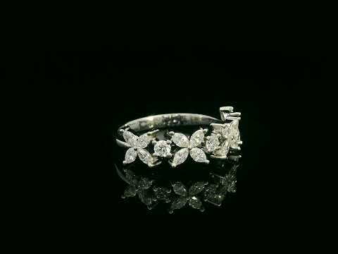 18K White Gold Floral Diamond Band Ring with 0.78 Carats of Marquise and Round Diamonds
