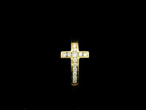 Diamond cross ring in 18K yellow gold featuring round brilliant diamonds set across a polished gold band in a distinctive cross design.