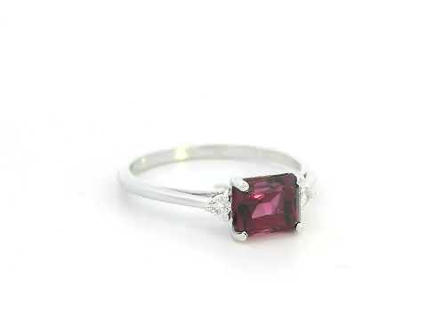 Rhodolite gemstone ring with diamond accents in 18K white gold