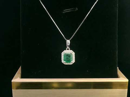 18K Gold Emerald-Cut Emerald & Diamond Halo Pendant.