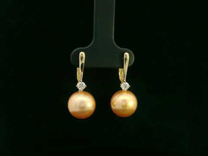 18K yellow gold South Sea golden pearl drop earrings with diamond accents by Emirates Diamonds