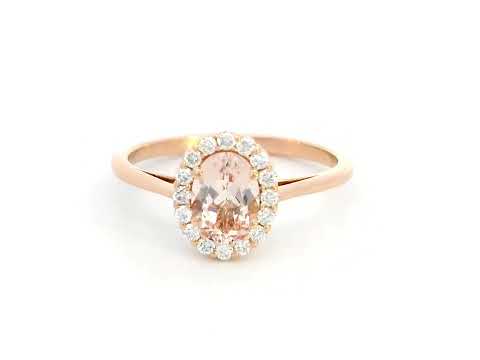 18K rose gold ring featuring a 0.64-carat oval peachy pink morganite, surrounded by a sparkling diamond halo with a total weight of 0.17 carats, showcasing an elegant and polished design.
