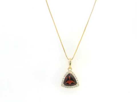 Trillion Cut Garnet and Diamond Halo Pendant in 18K Yellow Gold by Emirates Diamonds