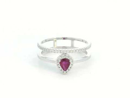 18K gold pear-shaped ruby and diamond ring with double-band design featuring a 0.30-carat ruby and 0.19-carat diamonds.