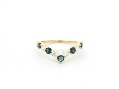 18K yellow gold sapphire and diamond contour ring with curved chevron stacking band design