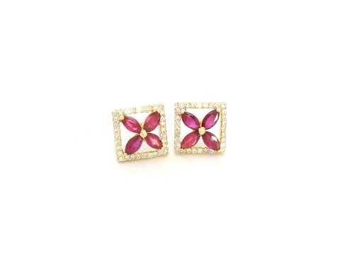 18K yellow gold square stud earrings with ruby cluster center and diamond halo by Emirates Diamonds.