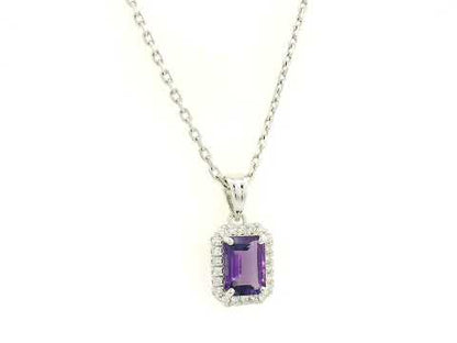 18k White Gold 0.82 Carat Emerald Cut Amethyst Pendant with Diamond Halo