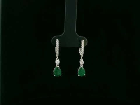 18K white gold emerald and diamond drop earrings with pear-shaped emeralds by Emirates Diamonds