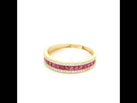 18K yellow gold band ring with a row of square-cut red rubies bordered above and below by small round diamonds.