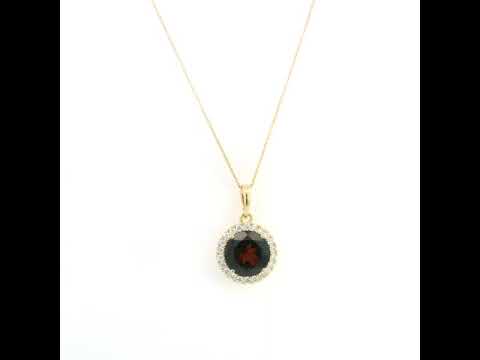 Round garnet diamond halo pendant in 18K yellow gold with 3.82 carat natural garnet