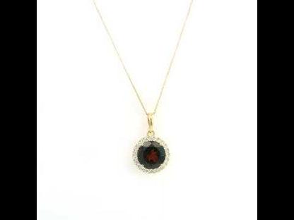 Round garnet diamond halo pendant in 18K yellow gold with 3.82 carat natural garnet