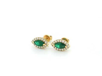 Marquise emerald and diamond halo stud earrings in 18K yellow gold by Emirates Diamonds