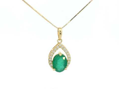 18k yellow gold teardrop pendant with 1.67ct oval emerald & 0.16ct diamond halo – certified authenticity included