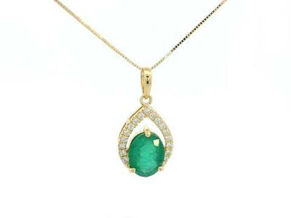 18k yellow gold teardrop pendant with 1.67ct oval emerald & 0.16ct diamond halo – certified authenticity included