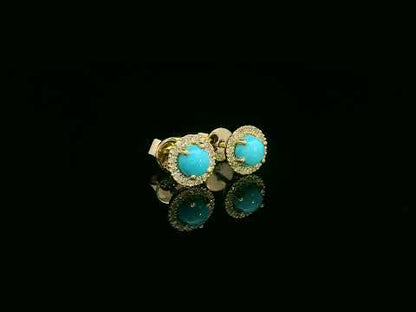 18K yellow gold dainty turquoise and diamond halo stud earrings, 0.55ct turquoise, versatile for multiple ear piercings